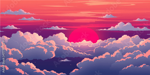 Beautiful summer sunrise landscape with dramatic bright orange and red clouds over a lake and mountains