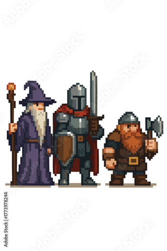 Pixel Art Trio A Wizard A Knight And A Dwarf Stand Together On Black Background Fantasy Characters With Weapons And Magic Staff Detailed Pixelated Artwork