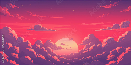 Beautiful sunset colors paint the cloudscape above a winter landscape with the moon and snow in the mountains at dusk