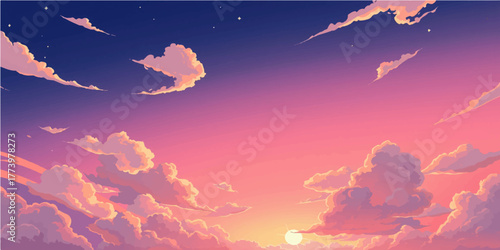 Beautiful red and blue sky with clouds at sunset, a bright nature landscape of color