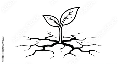 Resilience and Growth Concept Featuring a Sprout Emerging from Cracked Earth Symbolizing Hope, Recovery, and Environmental Awareness in Challenging Conditions
