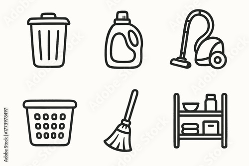 Essential household cleaning tools: simple linear icons for everyday use