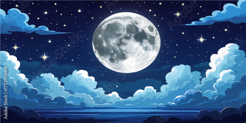 Dark blue night sky and clouds with a full moon over the sea and ocean water