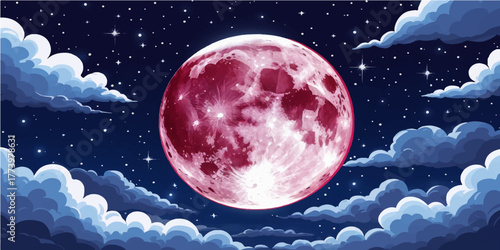 Blue moonlight illuminates the full Earth and its moon hanging in the dark cosmos filled with stars and night sky clouds