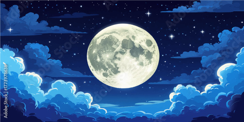 Full moon over the dark sea with stars in the blue night sky