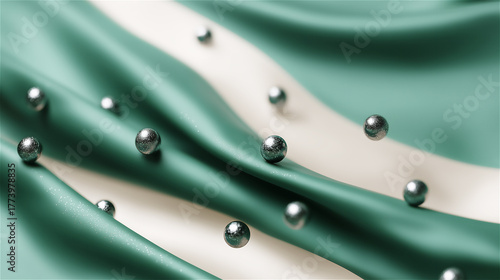 Elegant green fabric with metallic beads and folds, representing luxury, fashion and texture.
