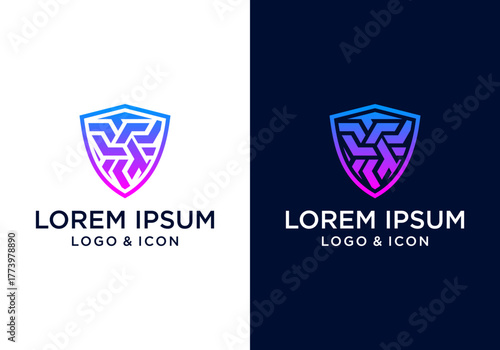 geometric shield logo icon design vector with modern style abstract woven lines