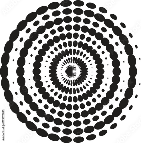 black thick halftone dotted circle speed lines. Abstract geometric shape motion. Design elements for frames, tattoos, web pages, prints, posters, and templates. Technology round Logo. Sunburst. Vector