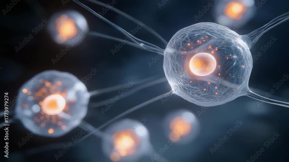Medical biology render of a delicate transparent cell showing the nucleus surrounded by dynamic filament networks, representing molecular interaction, biotechnology education, and advanced cellular