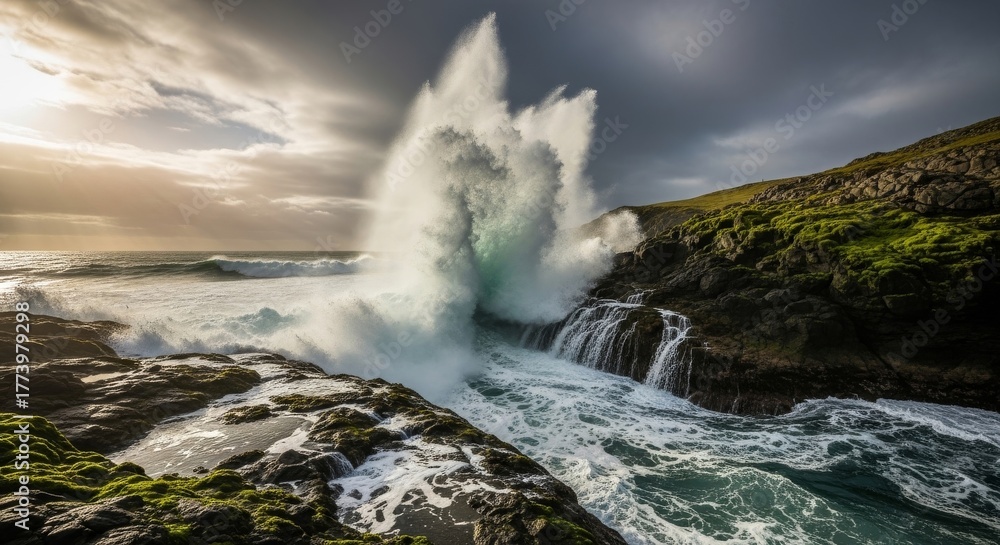 Obraz premium Powerful Ocean Wave Crashing on Rocky Shore - Raw power as ocean waves collide, symbolizing strength, resilience, the force of nature, coastal beauty and dynamic energy
