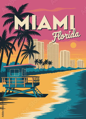 Miami Florida Retro Poster – City Skyline at Sunset with Lifeguard House, Coast and Surf Vector Illustration for Travel Posters, Wall Art, and Vacation Marketing