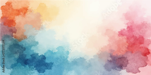 A vibrant abstract watercolor background with a vintage paper texture, featuring dreamy sky and cloud colors in blue, orange, and pink