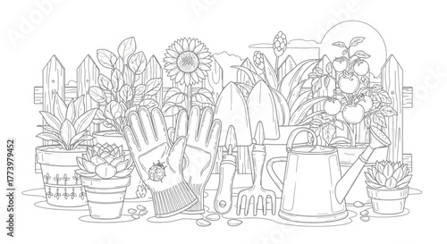 Detailed Gardening Illustration for Coloring Books, Relaxation, and Creative Projects Depicting tools and plants perfect for stress relief, hobby projects, and educational materials.