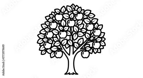 Apple tree illustration with ripe fruits and dense foliage, ideal for educational materials, children's books, and ecological awareness campaigns.