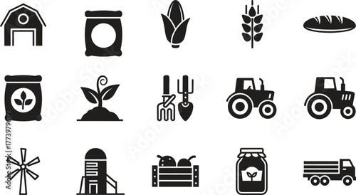 Agriculture farming and harvesting vector icons symbolizing farm produce and machinery