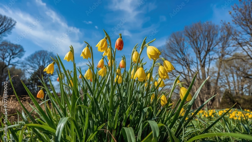 Obraz premium Colorful spring flowers in a garden with trees and blue sky, showcasing blooming tulips and early signs of spring's arrival.