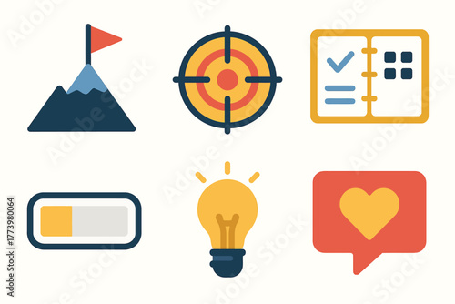 Set of flat icons featuring mountains, target, planner, battery, lightbulb, heart