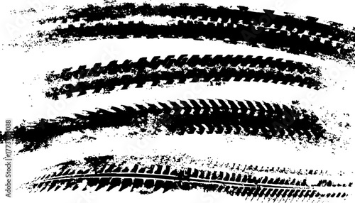 High-quality overlay of realistic tire tracks on white background. Seamless tire, track, car, vector, wheel texture. Clean tire print with Overlay and transparent look. Great for car, vector, 