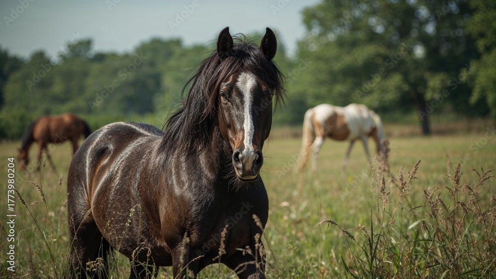 Fototapeta premium A dark-colored horse standing in a grassy field with trees and other horses in the background.