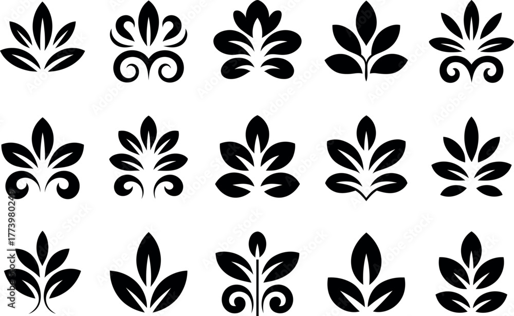 Fototapeta premium Collection of stylized floral leaf icons black and white vector design
