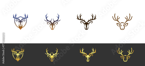Eight stylized deer head logos in gradient and gold on vector template white and dark backgrounds