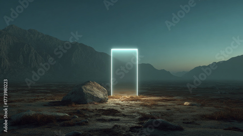 Mystical glowing rectangular portal in a desolate mountain landscape at dusk, a futuristic abstract scene with sci-fi elements and mysterious light.