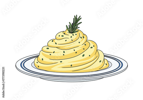 A decorative swirl of yellow dessert, possibly cake or frosting, is topped with a sprig of rosemary and served on a plate with blue stripes.