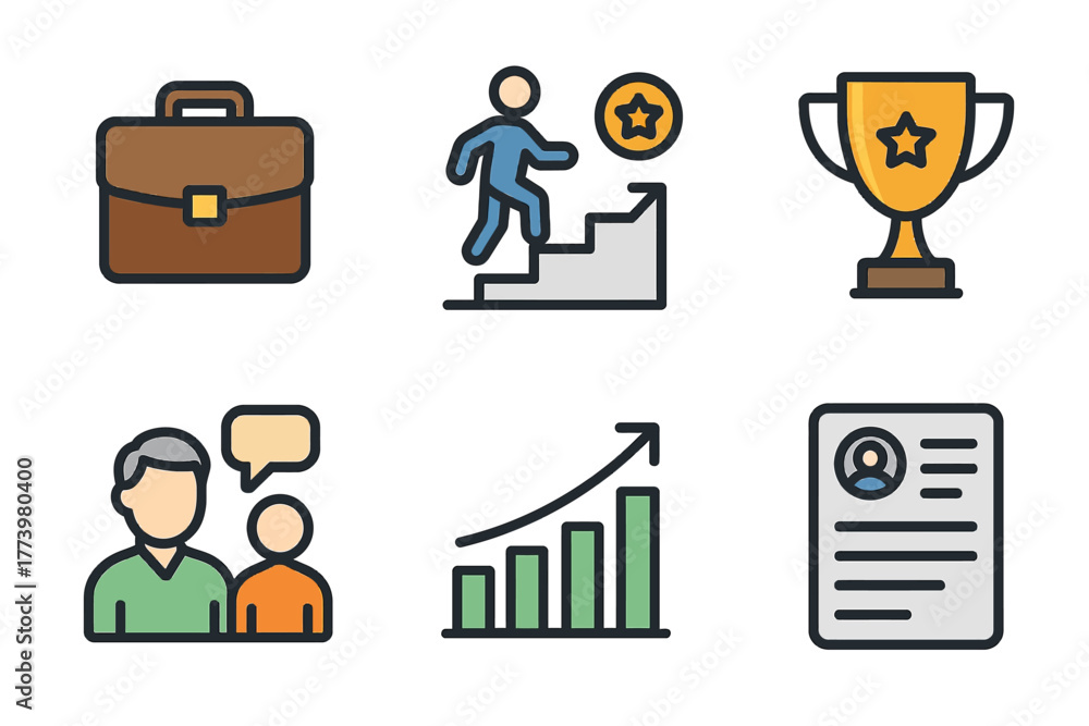 Obraz premium Business success icons: linear style and trophy, growth, resume, communication, achievement