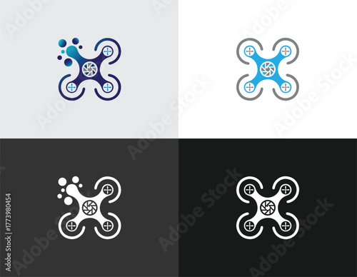 Four drone logos in blue and vector template white on gray and black backgrounds quadcopter aerial
