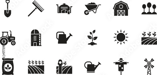 Black Silhouette Icons Representing Farming and Agriculture Activities and Elements