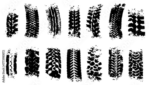 High-quality overlay of realistic tire tracks on white background. Seamless tire, track, car, vector, wheel texture. Clean tire print with Overlay and transparent look. Great for car, vector, 