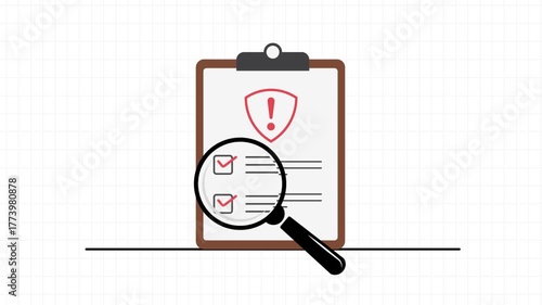 Animated clipboard with checklist security shield and magnifying glass conducting a search and analysis of document motion graphic concept of security check and data protection