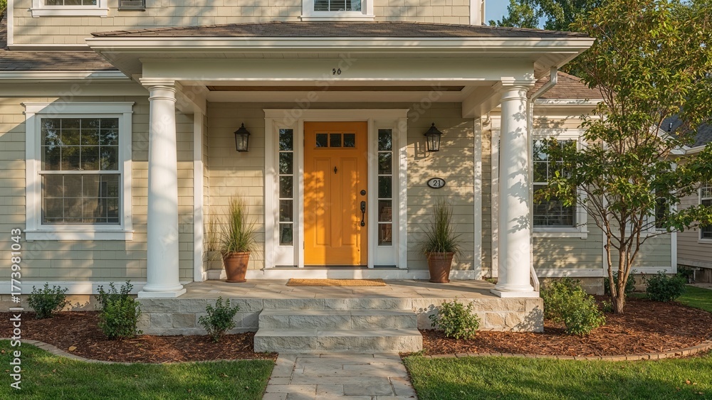 Obraz premium A house entrance with a yellow door, white columns, plants in pots, and a landscaped yard.