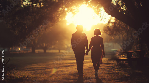 Couple walking hand in hand through park, sunset flare lighting, cinematic tone, soft texture