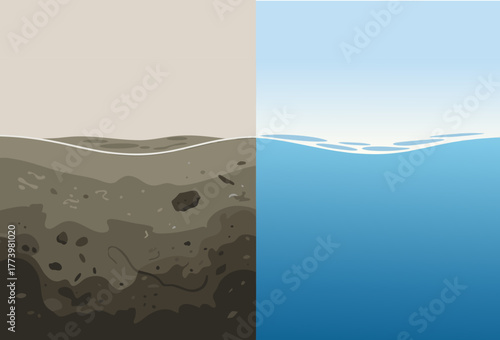 Polluted and clean water contrast, minimalist vector illustration with copy space for ecological and environmental projects
