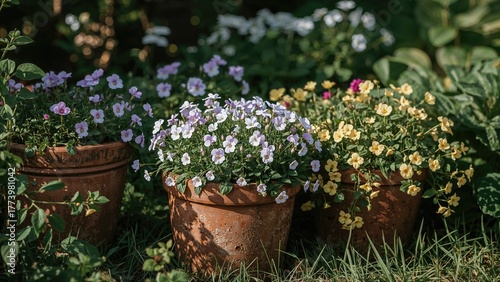 Three flower pots with purple, white, and yellow flowers in a garden setting.