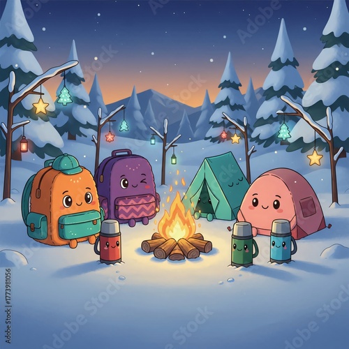 Cute Winter Camping Scene with Backpacks and Tents Around Campfire in Snowy Forest Holiday Night