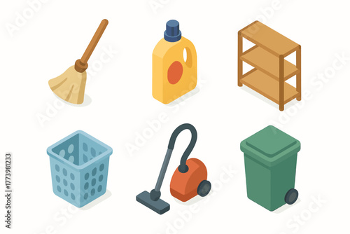 Isometric household cleaning tools and storage icons set