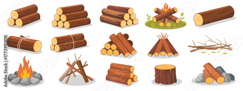 Pile Firewood Vector Illustration – Stack of Logs, Timber, and Branches for Bonfire, Burning, Forest Wood Bundle, Cartoon Firewood Art