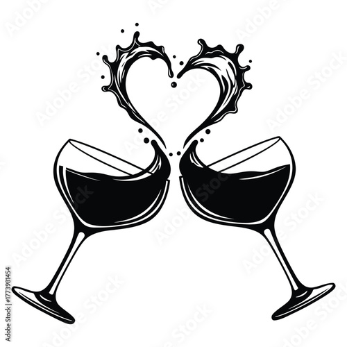 Two wine glasses clinking together creating a heart shape with splashing red wine