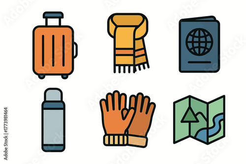 Travel essentials: luggage, scarf, passport, thermos, gloves, map icons in modern style