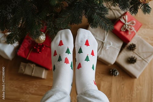 Woman with Christmas tree patterned socks standing near gift box and spruce. Cozy winter holiday atmosphere and home celebration. December festive season concept.