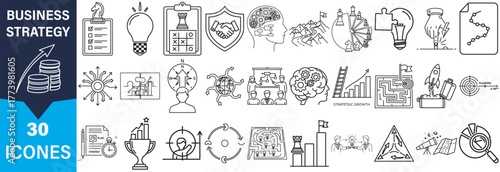 A collection of 30 business strategy icons presented in a distinctive silhouette style, showcasing various concepts and ideas.