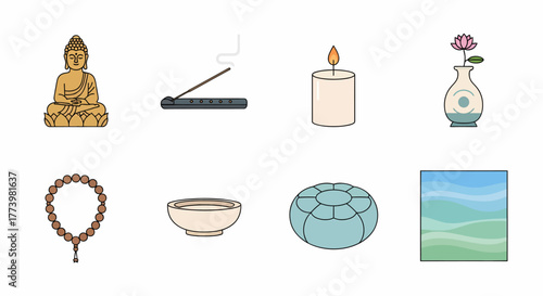 A beautifully illustrated vector set of icons representing zen, meditation, and spiritual wellness practices