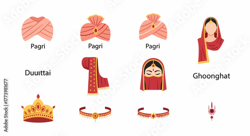 Traditional Indian Wedding Accessories Turbans, Veil, and Jewelry for the Bride and Groom