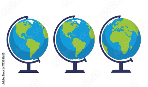 Three stylized globes showing continents of earth, blue oceans, green landmasses, mounted on dark stands, against white