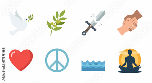 Collection of symbols representing peace, harmony, conflict resolution, and well-being