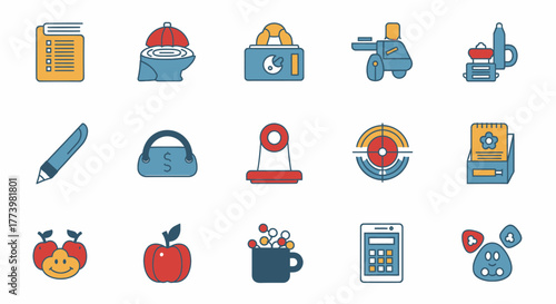 Collection of cartoon icons representing diverse objects and elements, including books, bags, stationery, and educational tools