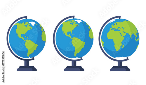 Three stylized globes showcasing earth's continents and oceans in blue and green colors against a white background.