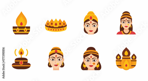 Diwali Celebration Icons Illustrative Vector Set of Indian Tradition
